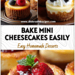 Baked mini cheesecakes in muffin tins with golden crust and creamy toppings arranged on a dessert tray